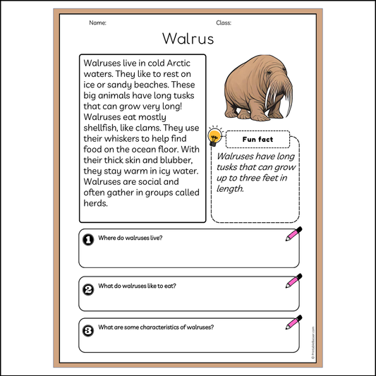 Walrus | Reading Passage Comprehension Questions Writing Facts Worksheet