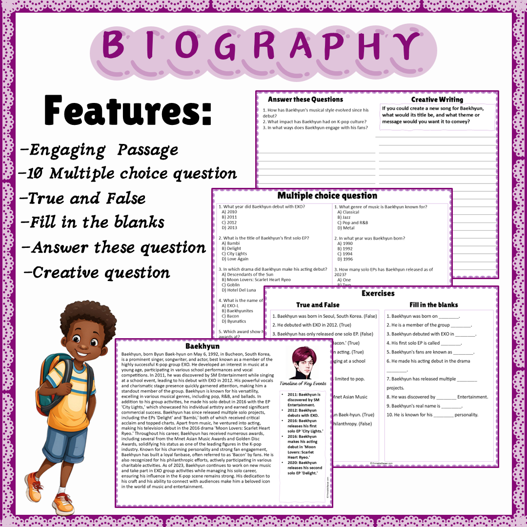 Baekhyun | Biography Reading Comprehension and Questions Worksheet