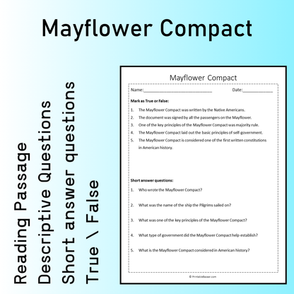 Mayflower Compact | Reading Comprehension Passage Printable Worksheet