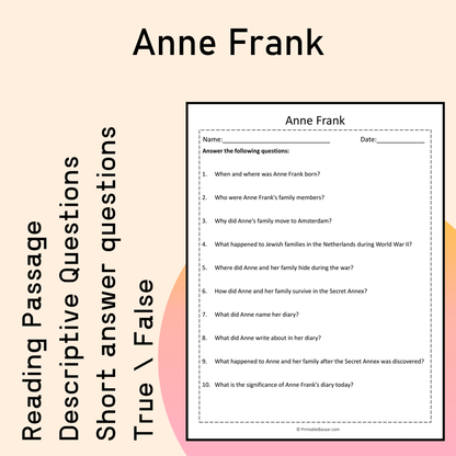 Anne Frank | Reading Comprehension Passage Printable Activity