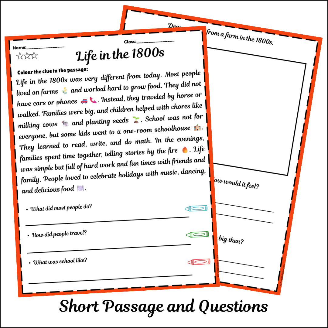 Life in the 1800s | Short Reading Comprehension Creative Worksheet