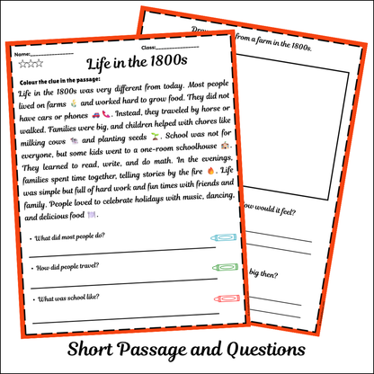 Life in the 1800s | Short Reading Comprehension Creative Worksheet