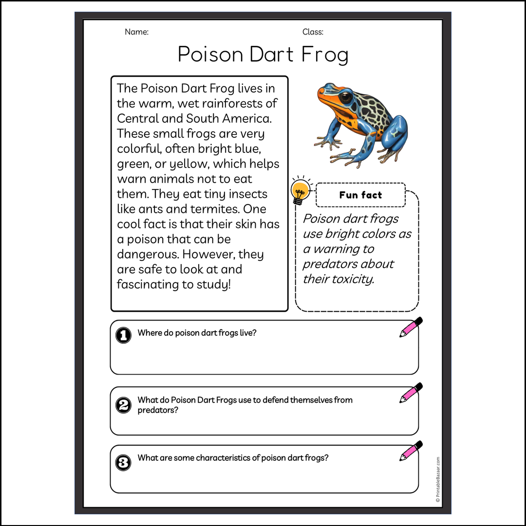 Poison Dart Frog | Reading Passage Comprehension Questions Writing Facts Worksheet