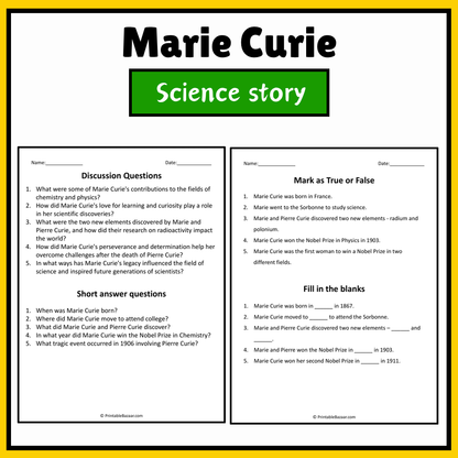 Marie Curie | Science Story Reading Comprehension Activity