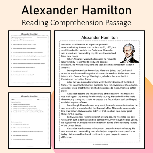 Alexander Hamilton | Reading Comprehension Passage Printable Activity