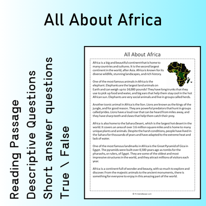 All About Africa | Reading Comprehension Passage Printable Worksheet