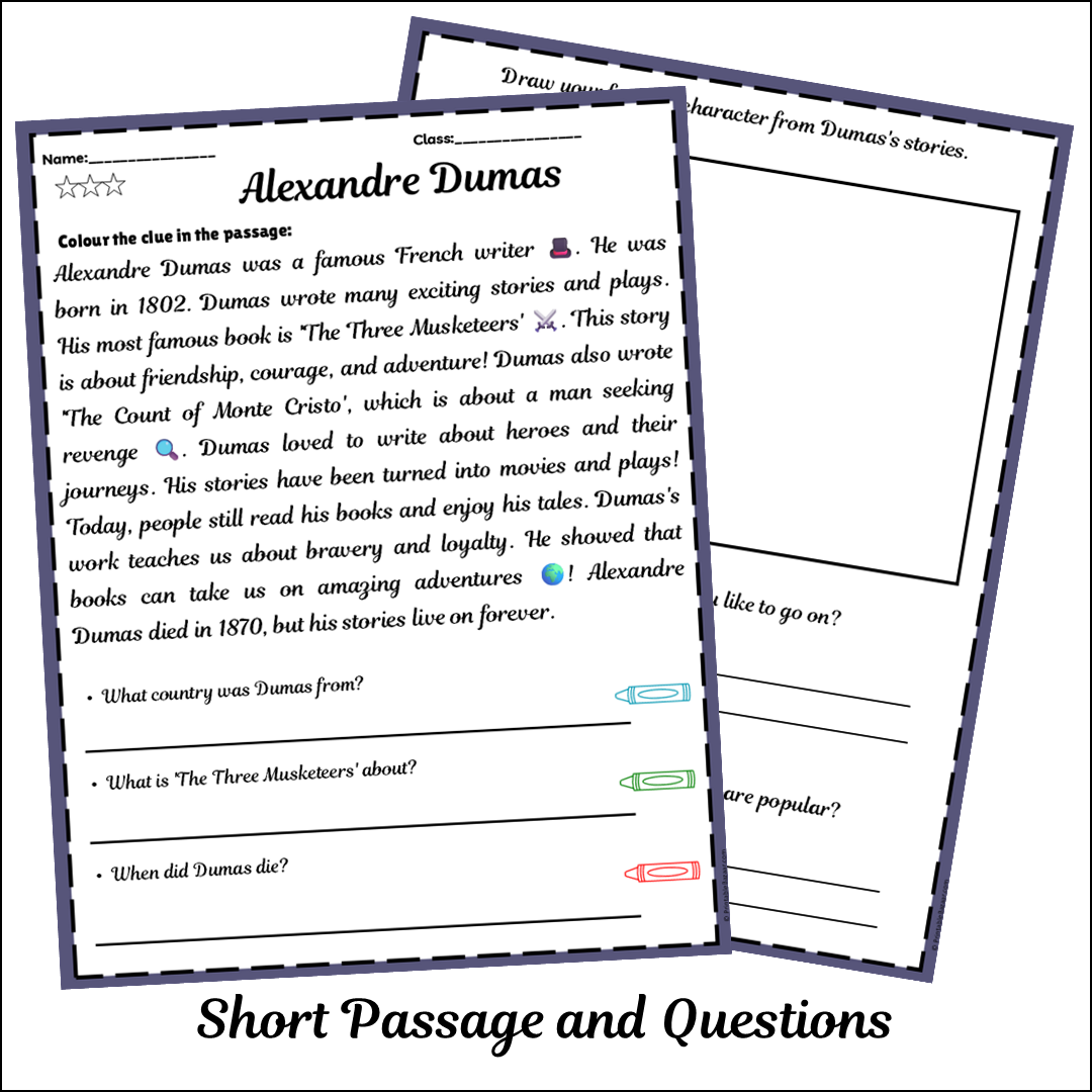 Alexandre Dumas | Short Reading Comprehension Creative Worksheet