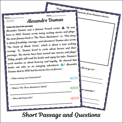 Alexandre Dumas | Short Reading Comprehension Creative Worksheet