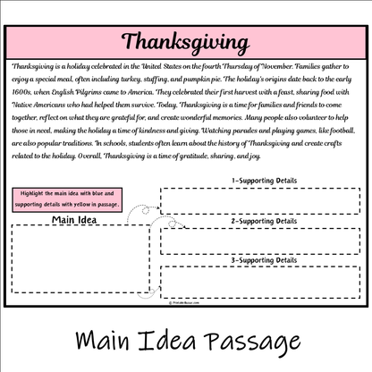 Thanksgiving | Main Idea and Supporting Details Reading Passage and Questions