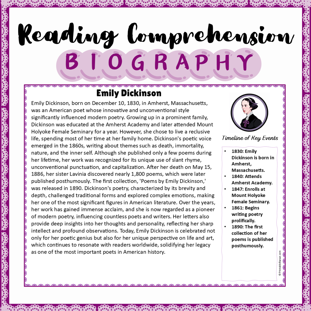 Emily Dickinson | Biography Reading Comprehension and Questions Worksheet