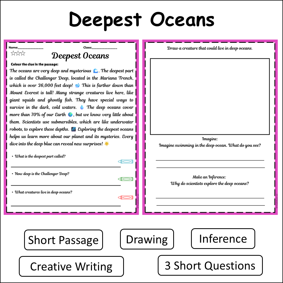 Deepest Oceans | Short Reading Comprehension Creative Worksheet