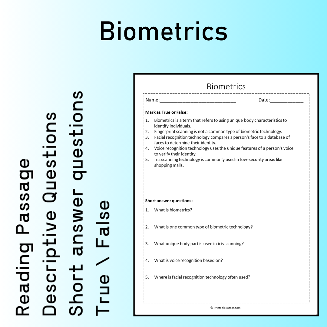 Biometrics | Reading Comprehension Passage Printable Worksheet
