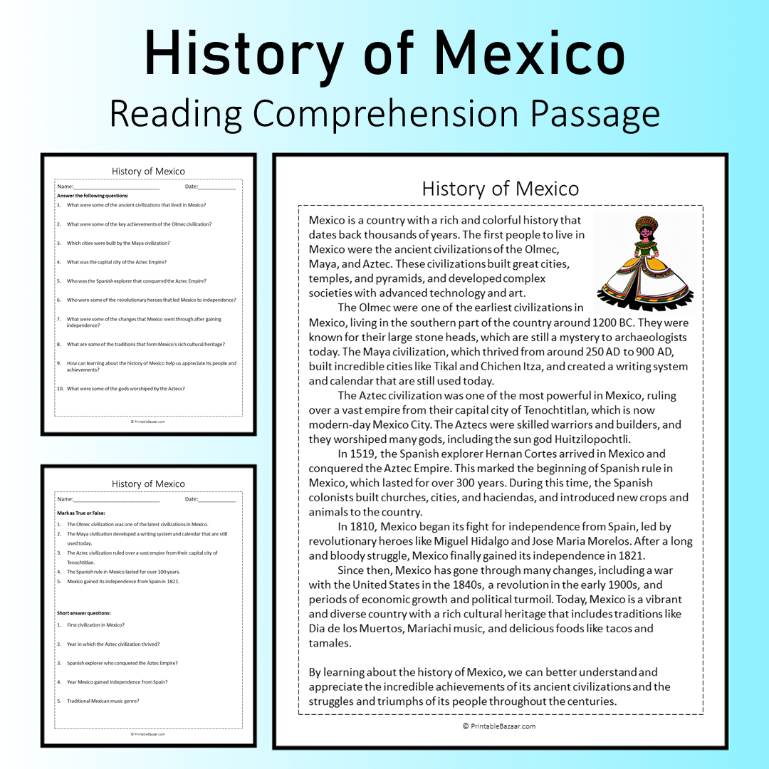 History of Mexico | Reading Comprehension Passage Printable Worksheet
