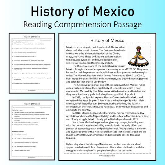 History of Mexico | Reading Comprehension Passage Printable Worksheet