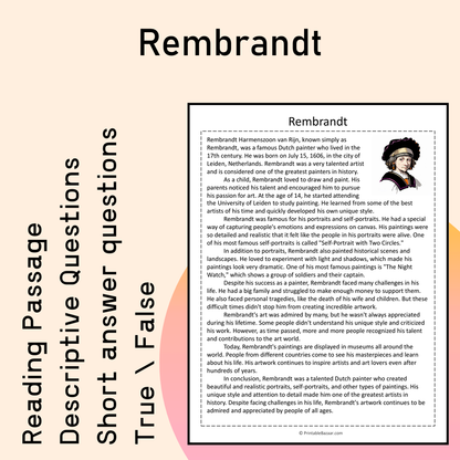 Rembrandt | Reading Comprehension Passage Printable Activity