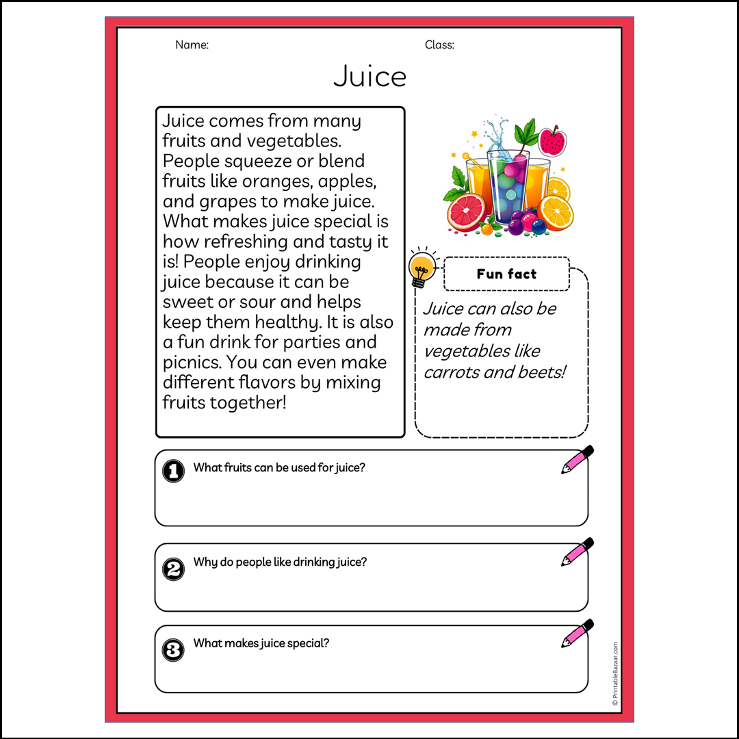 Juice | Reading Passage Comprehension Questions Writing Facts Worksheet