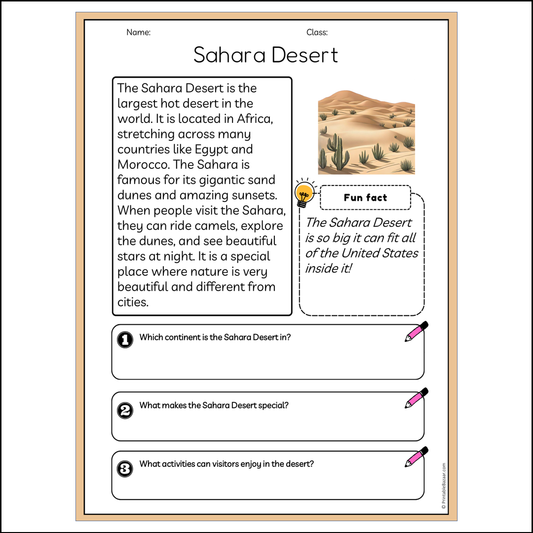 Sahara Desert | Reading Passage Comprehension Questions Writing Facts Worksheet