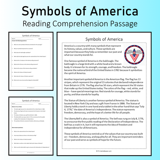 Symbols of America | Reading Comprehension Passage Printable Worksheet