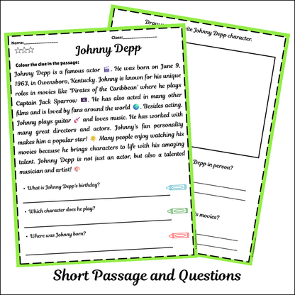 Johnny Depp | Short Reading Comprehension Creative Worksheet