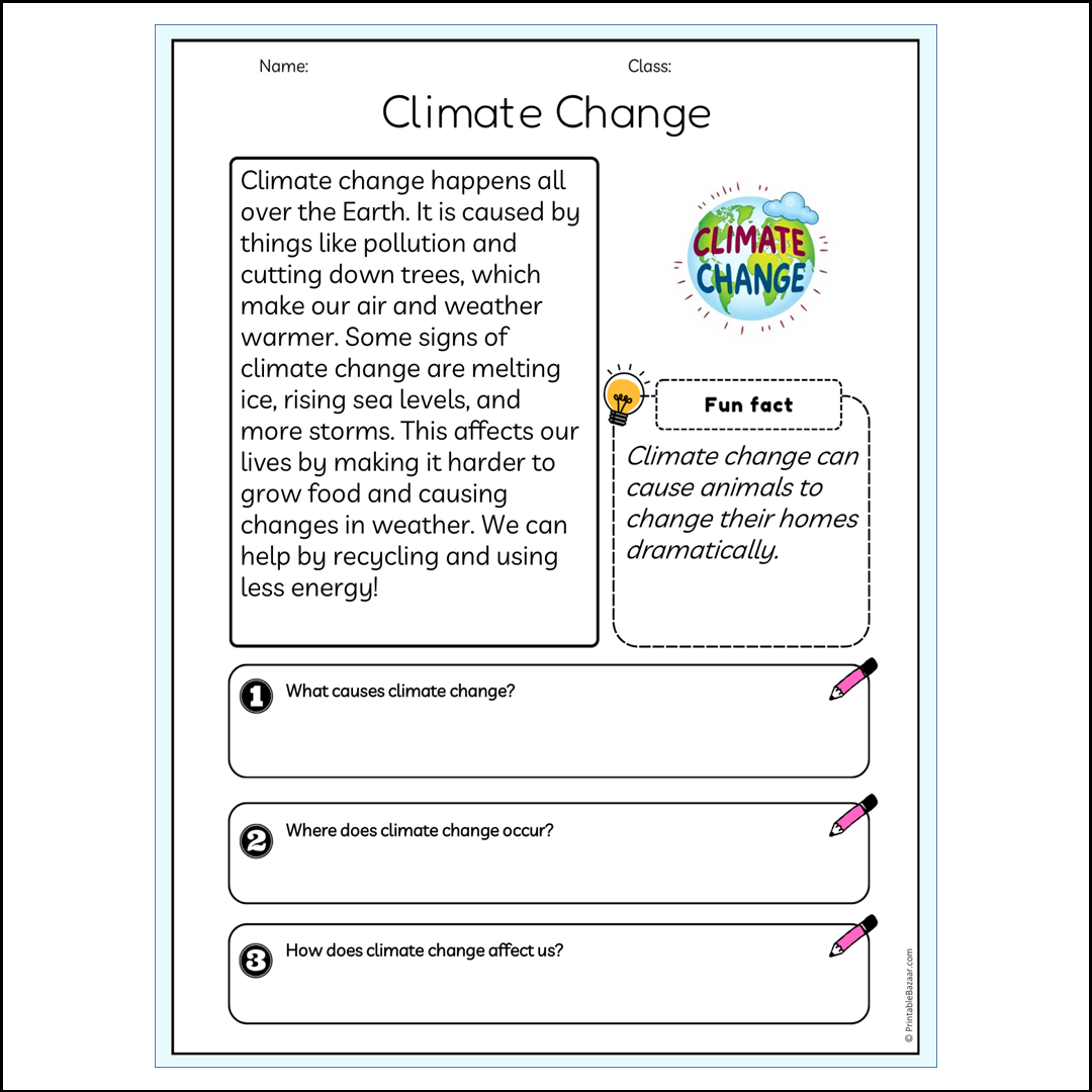 Climate Change | Reading Passage Comprehension Questions Writing Facts Worksheet