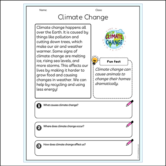 Climate Change | Reading Passage Comprehension Questions Writing Facts Worksheet