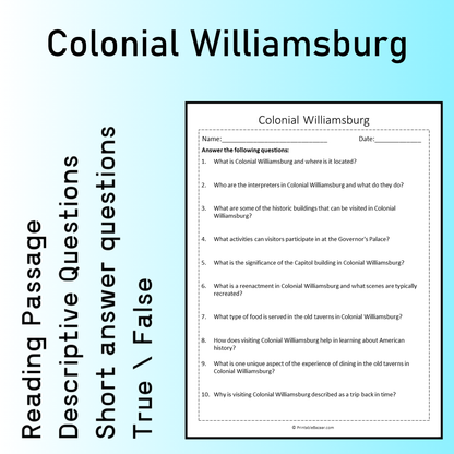 Colonial Williamsburg | Reading Comprehension Passage Printable Worksheet