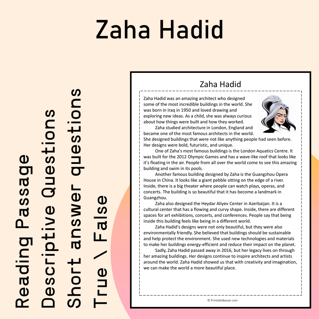 Zaha Hadid | Reading Comprehension Passage Printable Activity