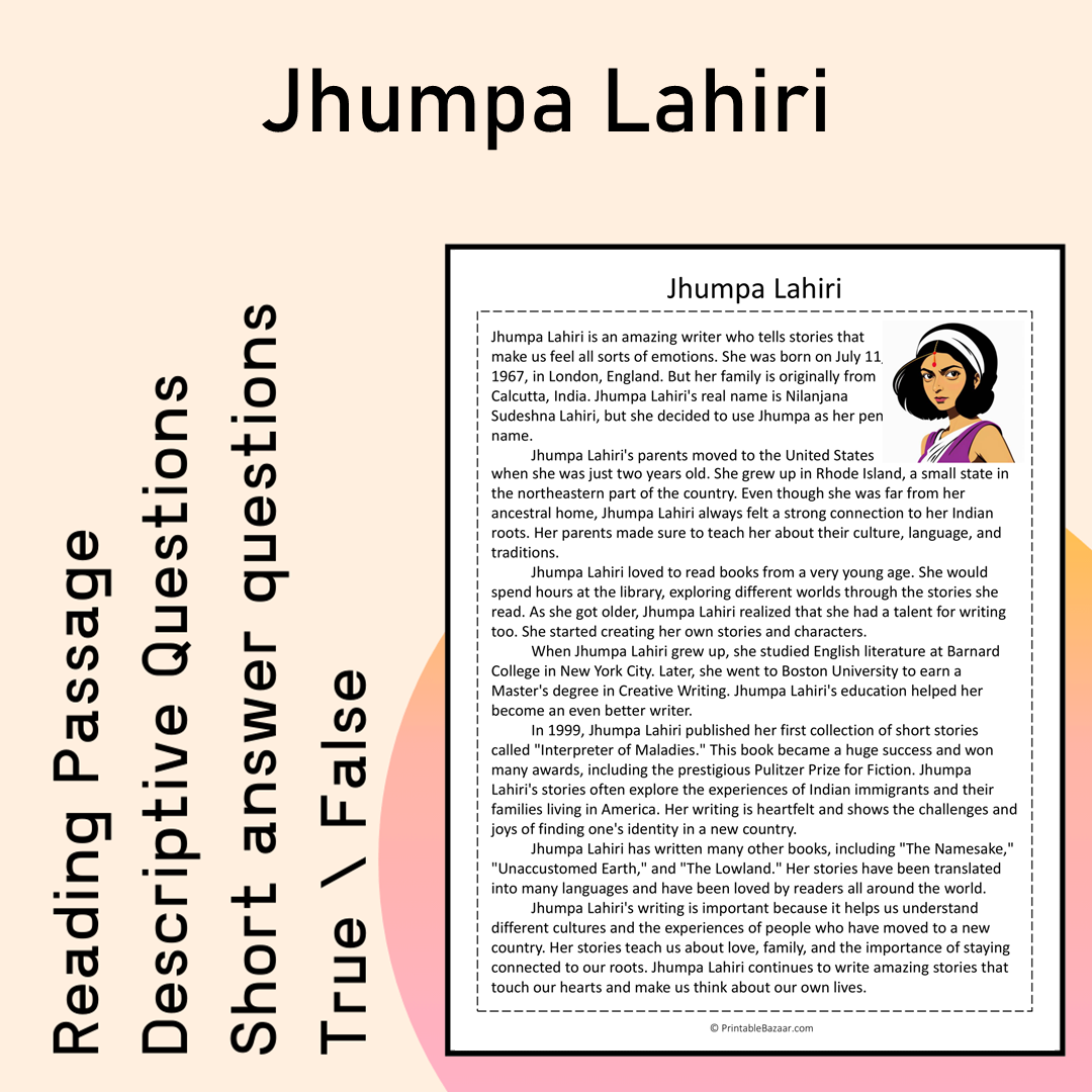 Jhumpa Lahiri | Reading Comprehension Passage Printable Activity