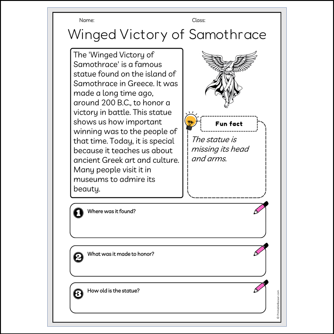 Winged Victory of Samothrace | Reading Passage Comprehension Questions Writing Facts Worksheet