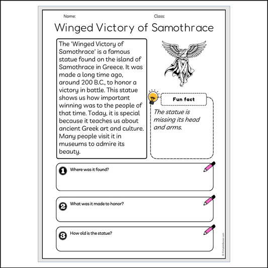 Winged Victory of Samothrace | Reading Passage Comprehension Questions Writing Facts Worksheet