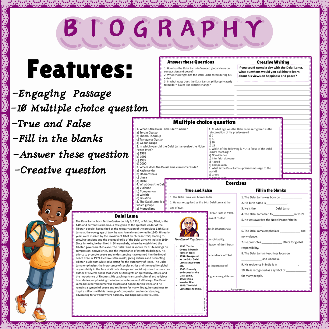 Dalai Lama | Biography Reading Comprehension and Questions Worksheet