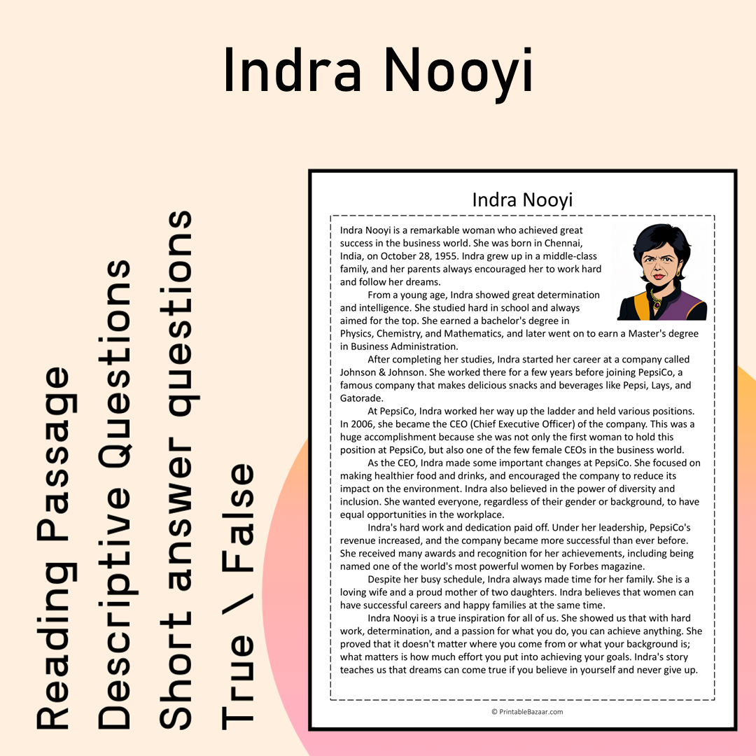 Indra Nooyi | Reading Comprehension Passage Printable Activity
