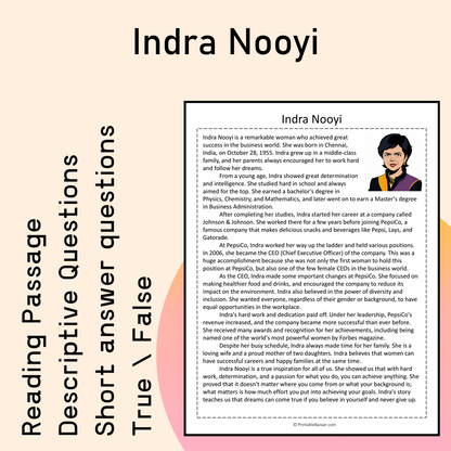 Indra Nooyi | Reading Comprehension Passage Printable Activity