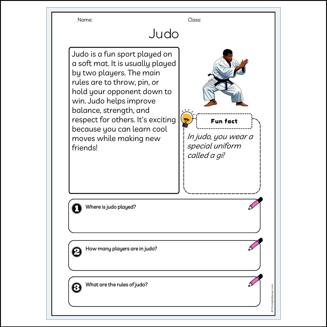 Judo | Reading Passage Comprehension Questions Writing Facts Worksheet