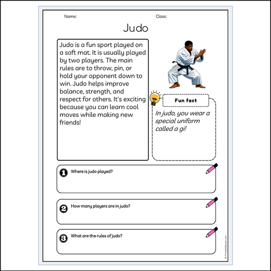 Judo | Reading Passage Comprehension Questions Writing Facts Worksheet