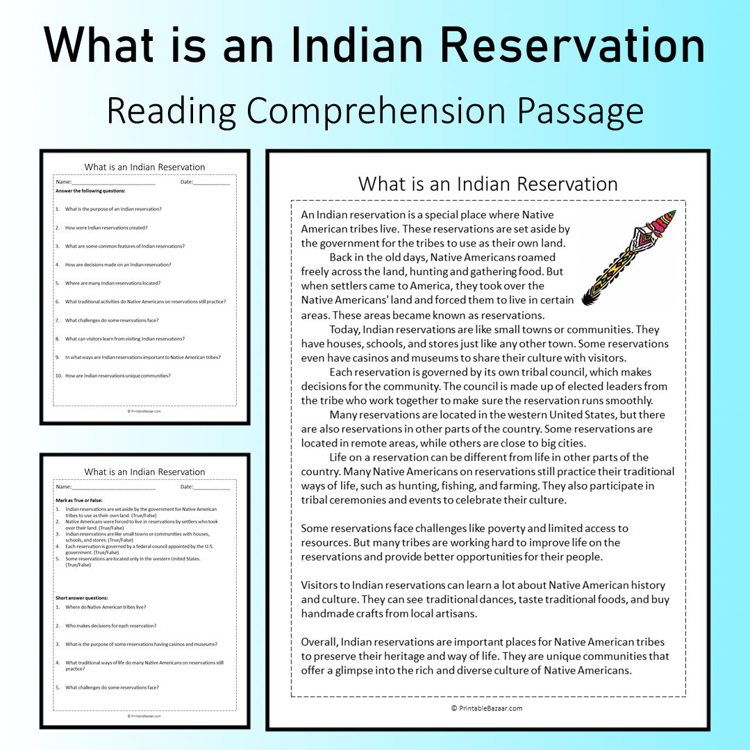 What is an Indian Reservation | Reading Comprehension Passage Printable Worksheet