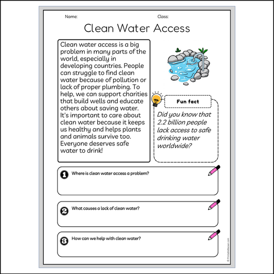 Clean Water Access | Reading Passage Comprehension Questions Writing Facts Worksheet