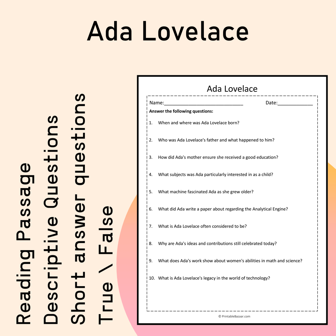 Ada Lovelace | Reading Comprehension Passage Printable Activity