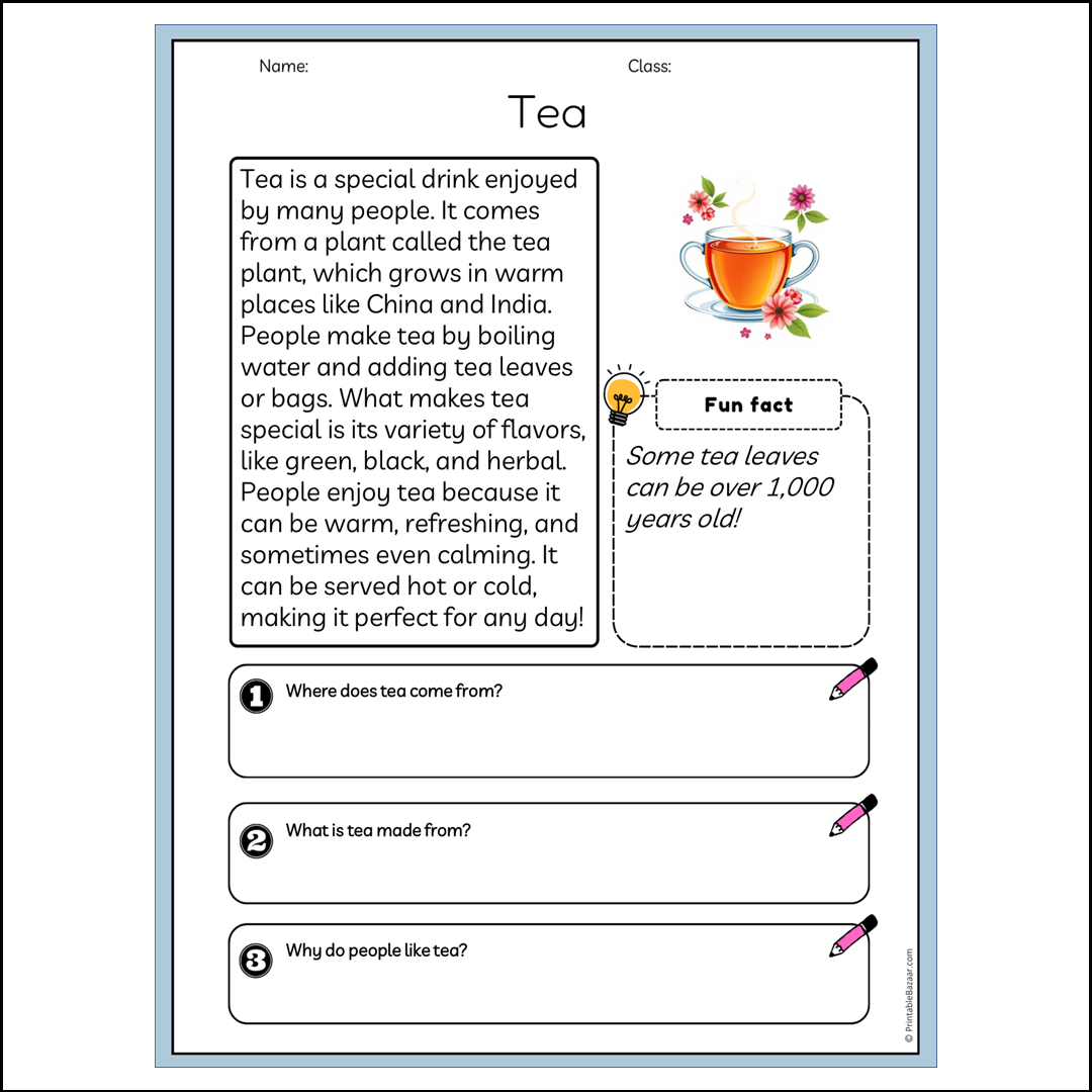 Tea | Reading Passage Comprehension Questions Writing Facts Worksheet