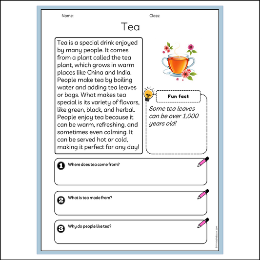 Tea | Reading Passage Comprehension Questions Writing Facts Worksheet