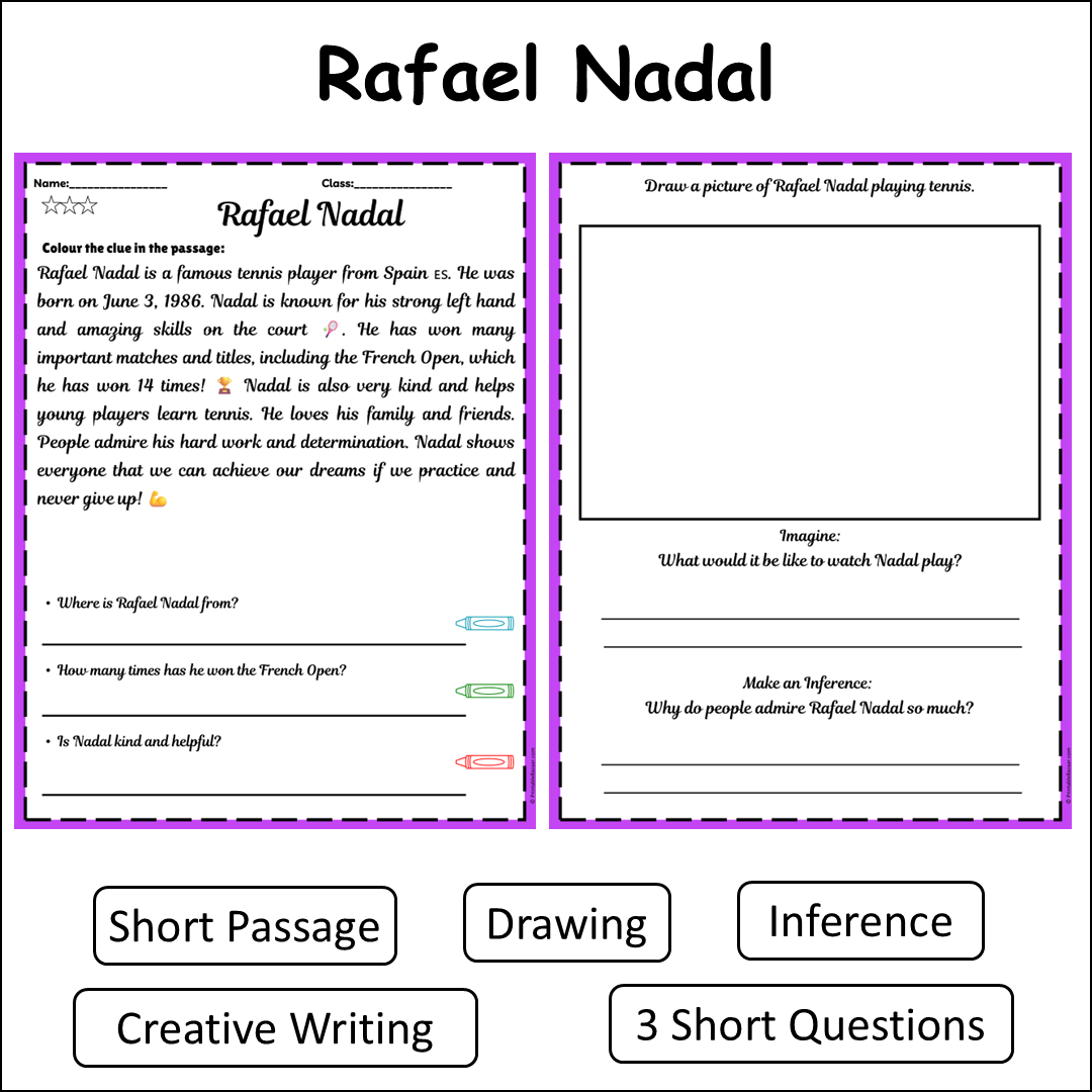 Rafael Nadal | Short Reading Comprehension Creative Worksheet