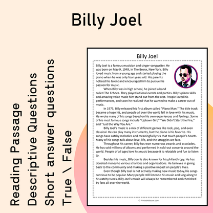 Billy Joel | Reading Comprehension Passage Printable Activity