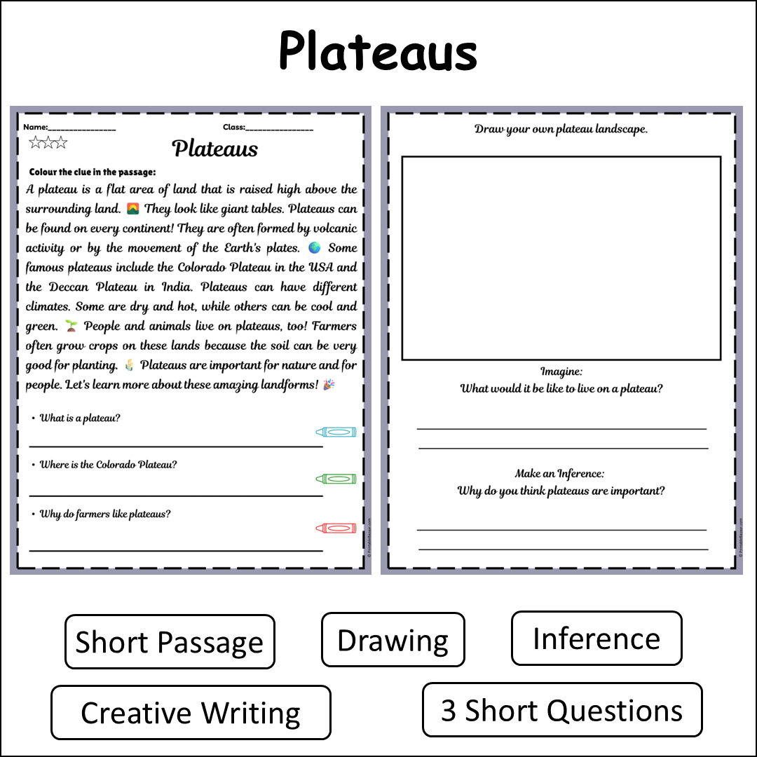 Plateaus | Short Reading Comprehension Creative Worksheet