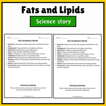 Fats and Lipids | Science Story Reading Comprehension Activity