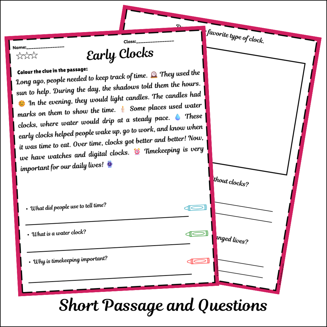 Early Clocks | Short Reading Comprehension Creative Worksheet