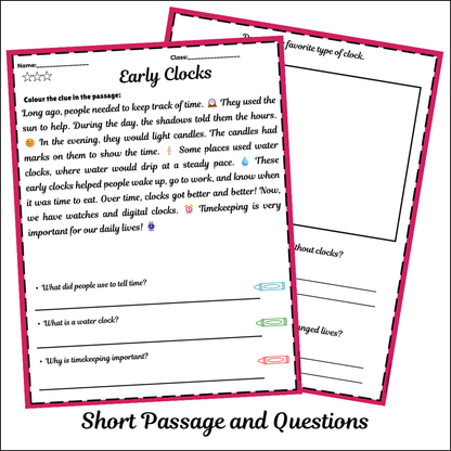 Early Clocks | Short Reading Comprehension Creative Worksheet
