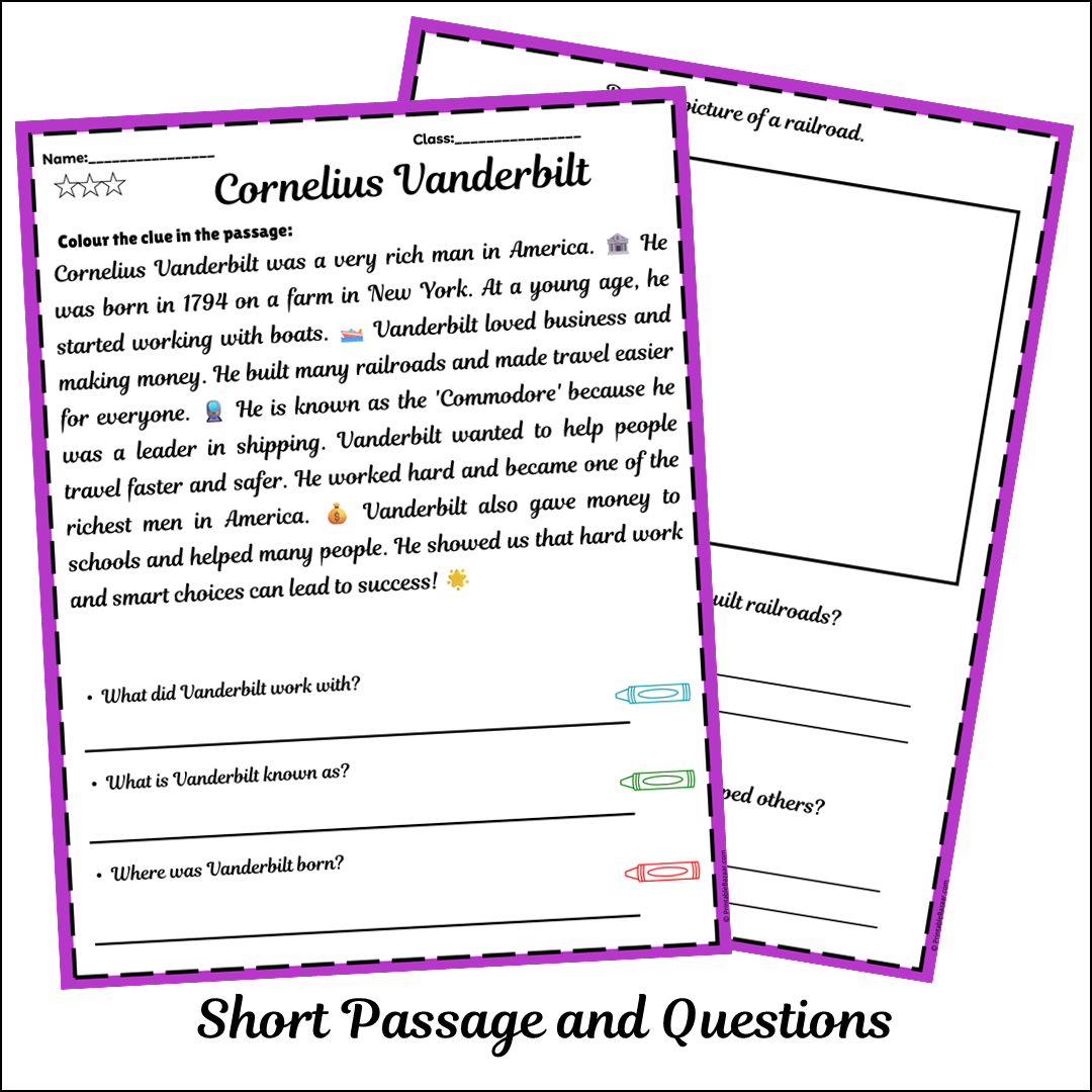 Cornelius Vanderbilt | Short Reading Comprehension Creative Worksheet