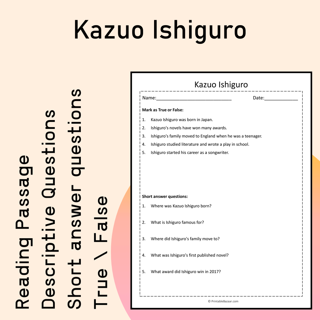 Kazuo Ishiguro | Reading Comprehension Passage Printable Activity
