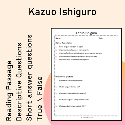 Kazuo Ishiguro | Reading Comprehension Passage Printable Activity