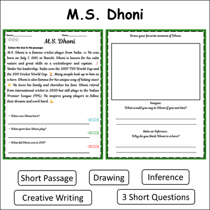 M.S. Dhoni | Short Reading Comprehension Creative Worksheet